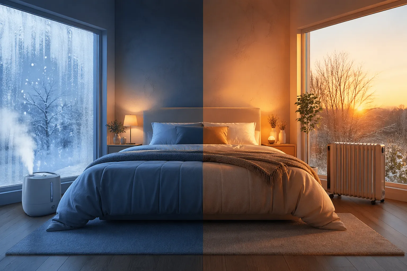 Een koude winterochtend in een slaapkamer met zichtbaar droge lucht en een frisse, rustige sfeer.