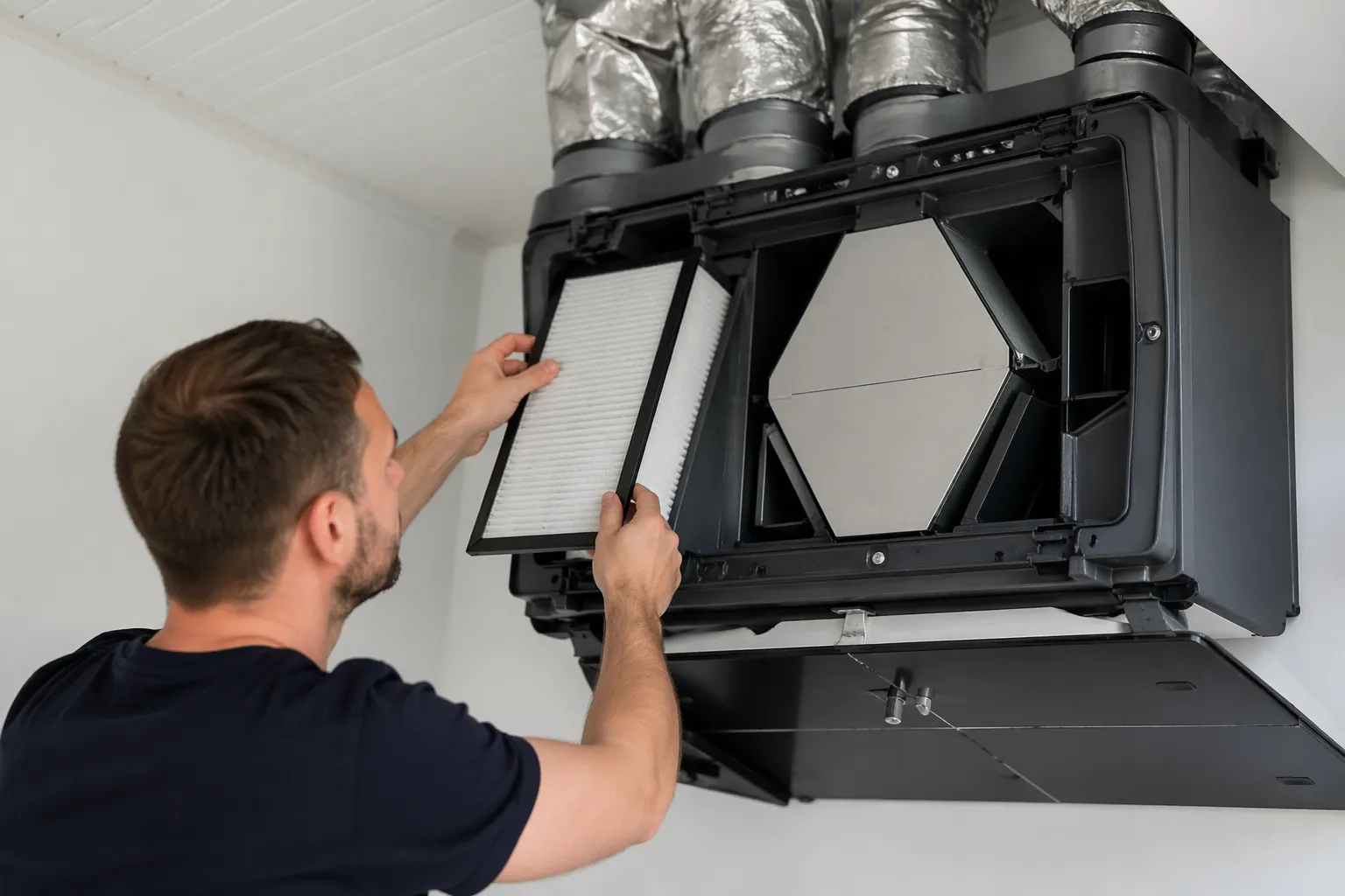 Schone ventilatiefilter die wordt vervangen om luchtkwaliteit te verbeteren en stofophoping te voorkomen.