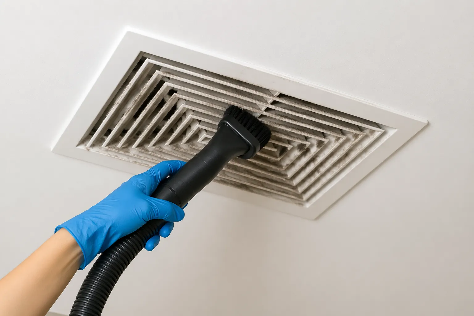 Close-up van een persoon die een ventilatierooster in huis schoonmaakt met een doek en borstel, met zichtbaar stof dat wordt verwijderd.