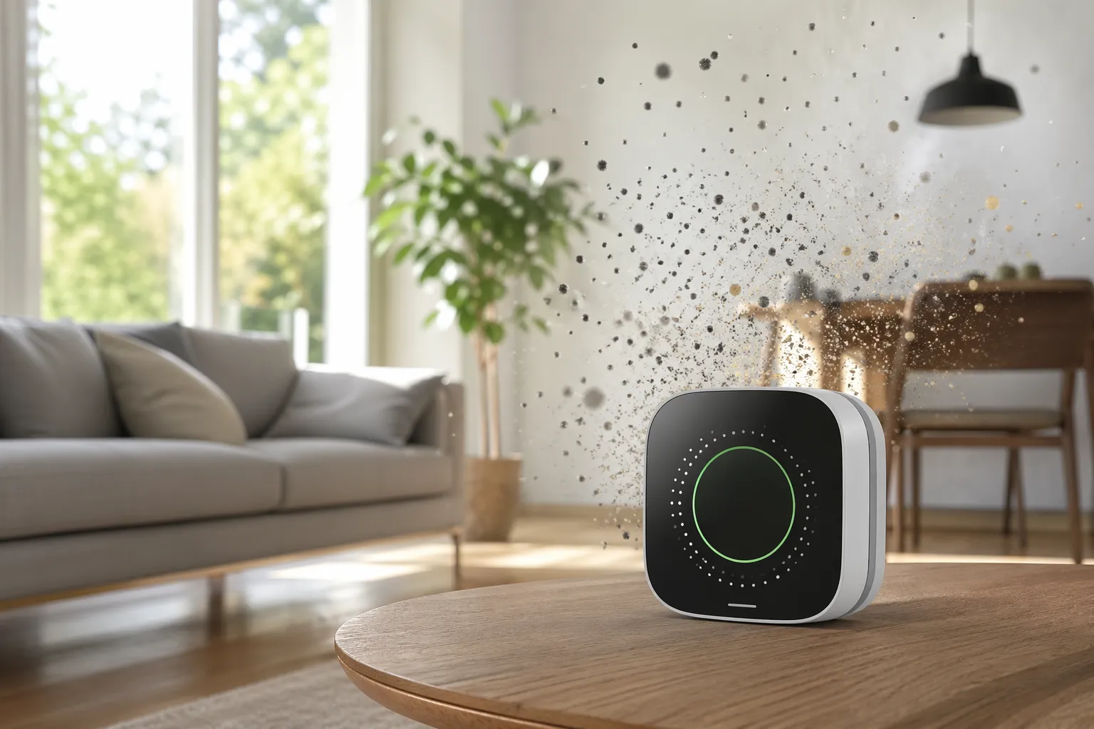 Moderne woonkamer met luchtkwaliteitsmeter die fijnstof in de lucht detecteert.