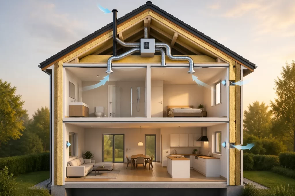Moderne woning met goede isolatie en frisse luchtstromen die ventilatie benadrukken
