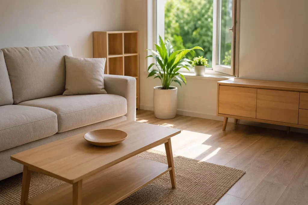 Een lichte kamer met nieuwe meubels en een schone, frisse uitstraling