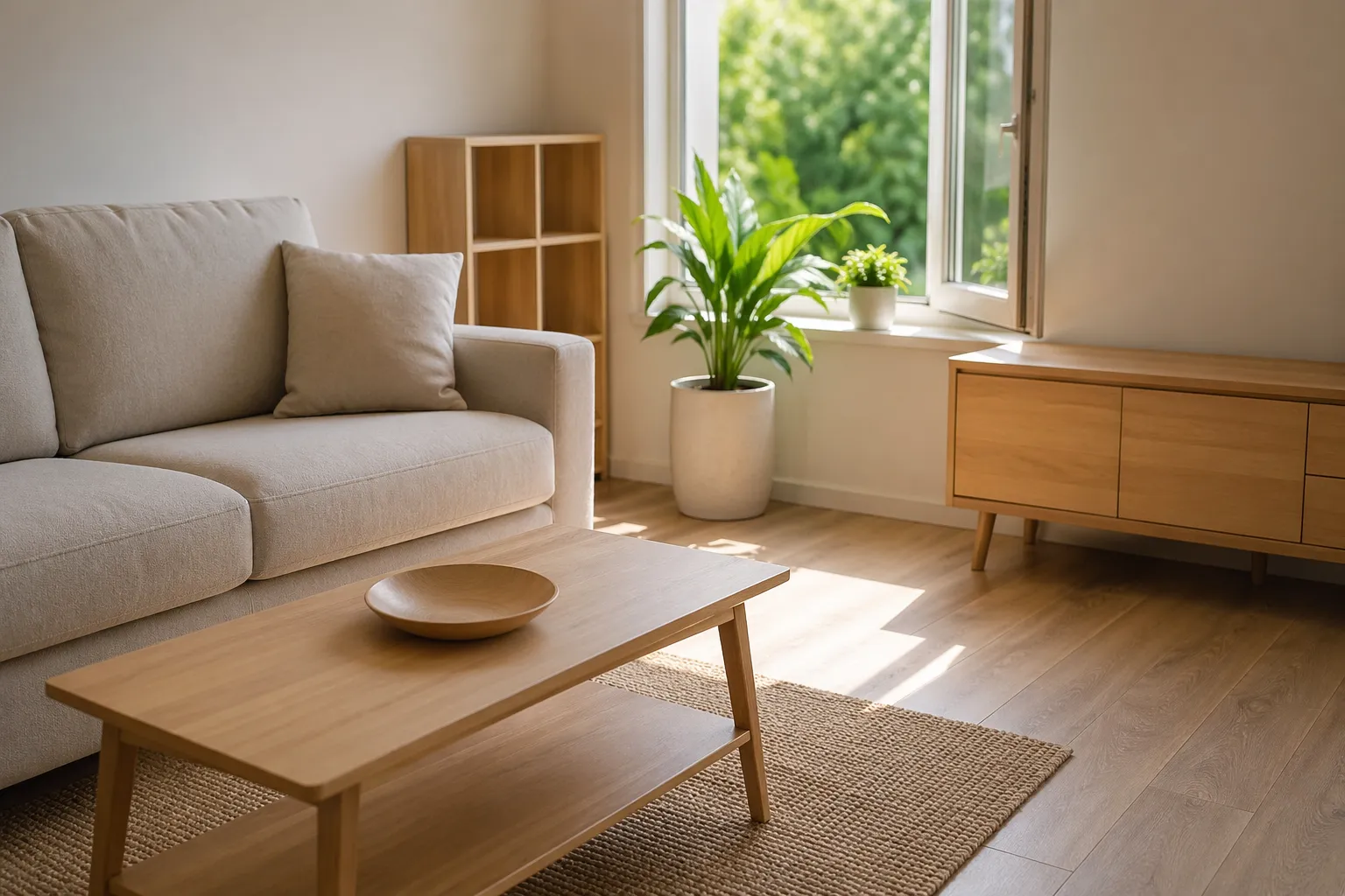 Een lichte kamer met nieuwe meubels en een schone, frisse uitstraling