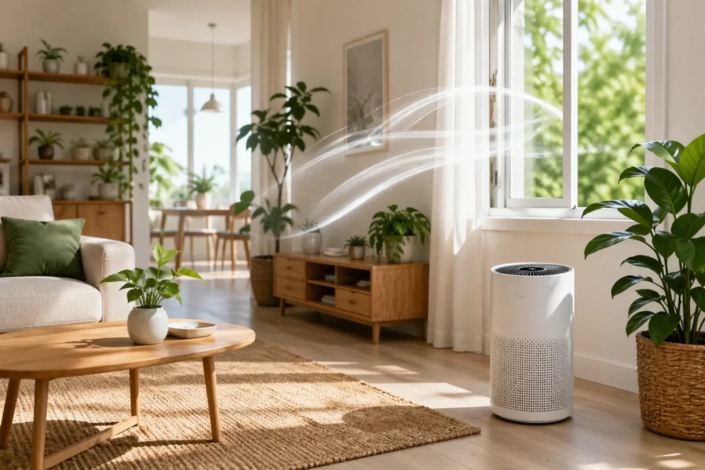 Frisse woonkamer met planten en open ramen voor betere luchtkwaliteit
