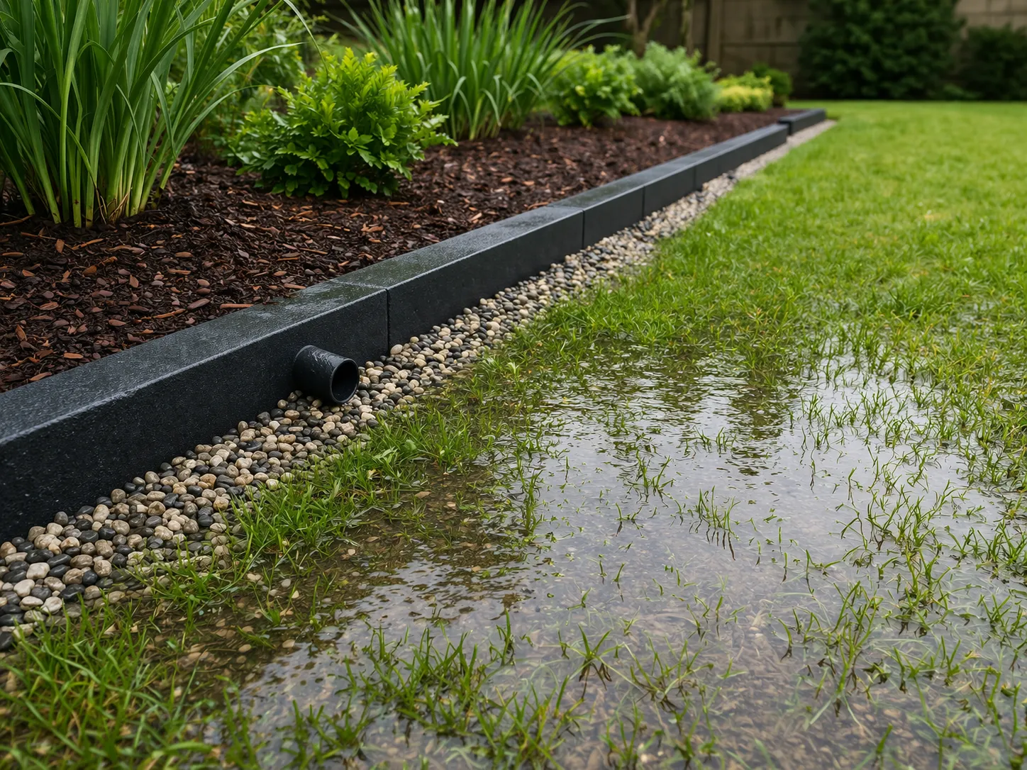 Natte tuin met plasvorming langs het gazon en een eenvoudige drainage-oplossing met grind.