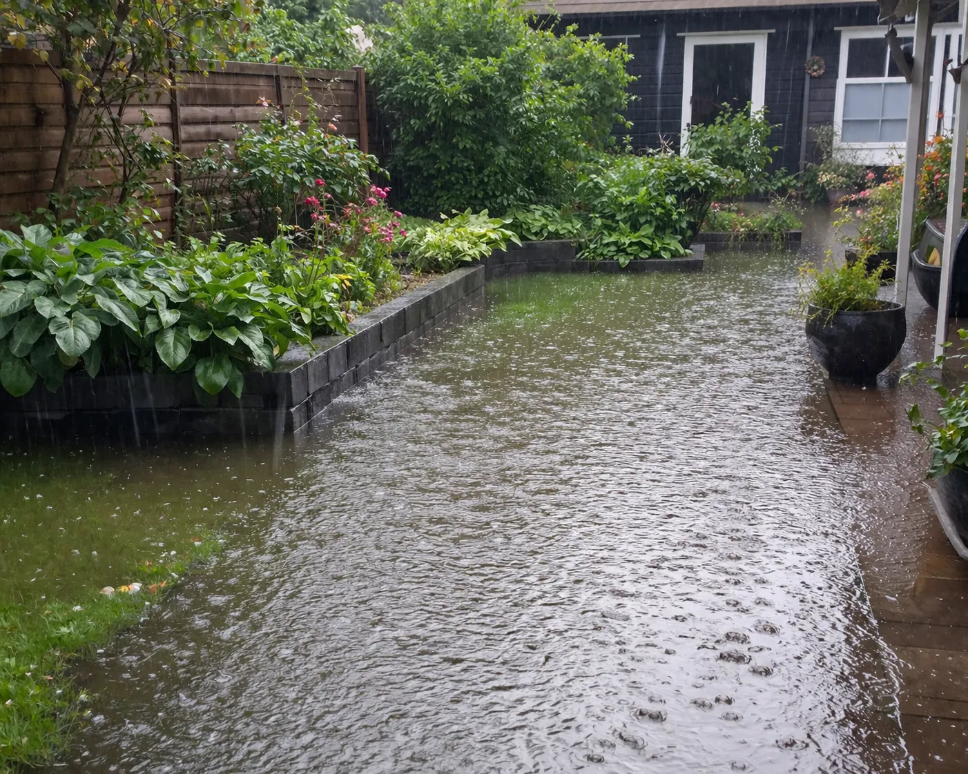 Realistische tuin met wateroverlast tijdens een zware regenbui.